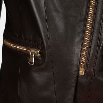 Kadın Kahve Hakim Yakalı Fit Deri Ceket