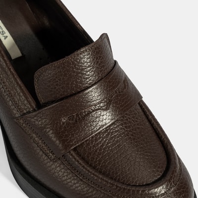 Kadın Kahve Kalın Topuklu Deri Loafer