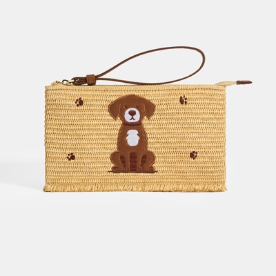 Kadın Kahve Köpek Nakışlı Hasır Clutch