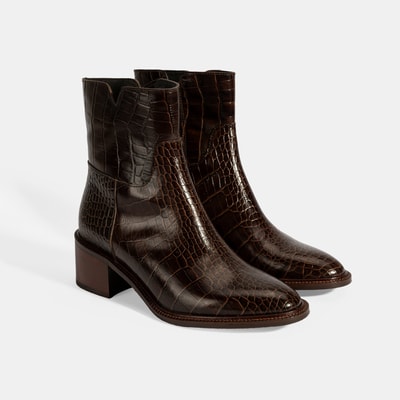 Kadın Kahve Kroko Baskılı Fermuarlı Deri Topuklu Bot