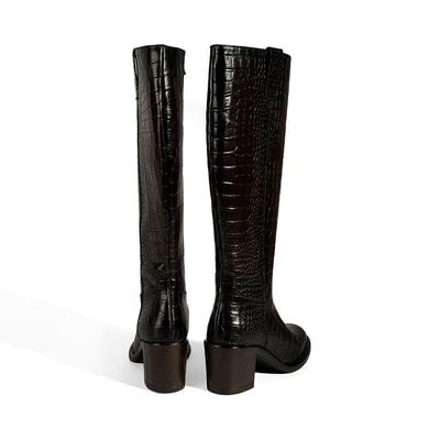 Kadın Kahve Kroko Baskılı Kalın Topuklu Deri Çizme