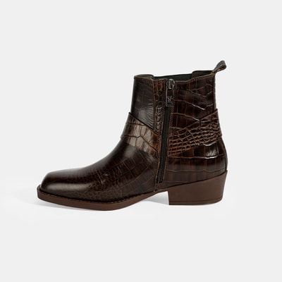 Kadın Kahve Kroko Baskılı Lastik Detaylı Deri Bot