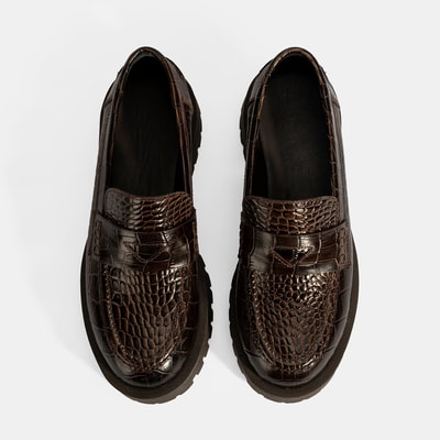 Kadın Kahve Kroko Basklı Deri Loafer