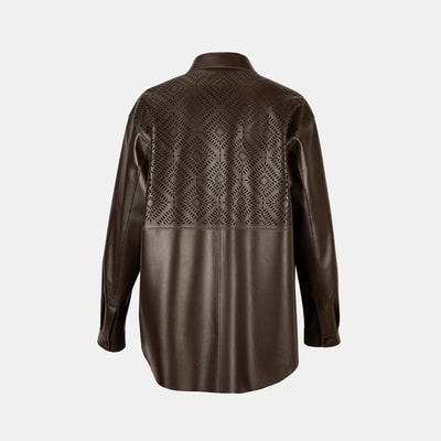 Kadın Kahve Lazer Kesimli Geometrik Desenli Deri Gömlek