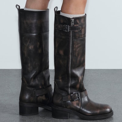 Kadın Kahve Metal Toka Detaylı Deri Çizme