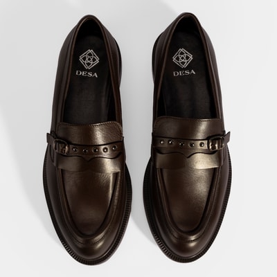 Kadın Kahve Metal Toka Detaylı Deri Loafer