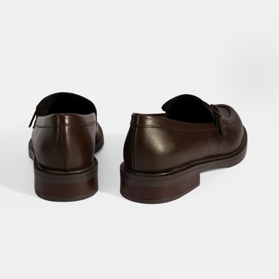 Kadın Kahve Metal Toka Detaylı Deri Loafer