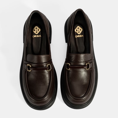 Kadın Kahve Metal Toka Detaylı Deri Loafer