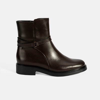 Kadın Kahve Metal Toka Detaylı Fermuarlı Deri Bot