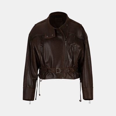 Kadın Kahve Oversize Kemerli Biker Deri Ceket