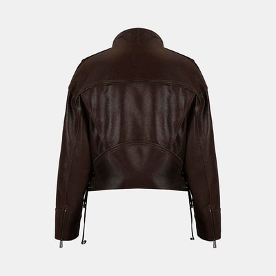 Kadın Kahve Oversize Kemerli Biker Deri Ceket