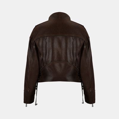 Kadın Kahve Oversize Kemerli Biker Deri Ceket