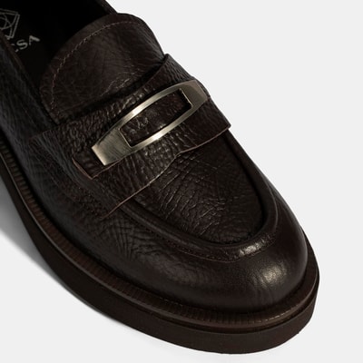 Kadın Kahve Toka Aksesuarlı Kalın Tabanlı Deri Loafer