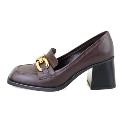 Kadın Kahve Toka Aksesuarlı Topuklu Deri Loafer