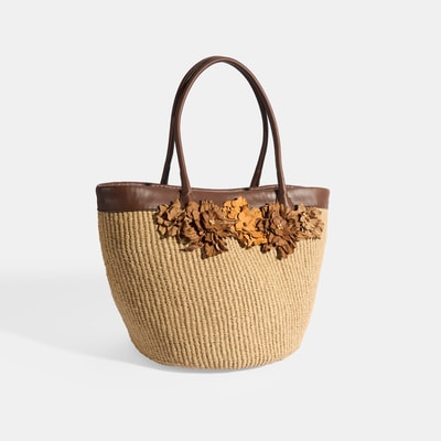 Kadın Kahve Turuncu Çiçek Detaylı Hasır Omuz Çantası