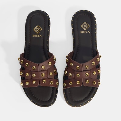 Kadın Kahve Zımba Detaylı Deri Terlik