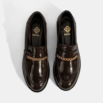 Kadın Kahve Zincir Aksesuarlı Deri Loafer