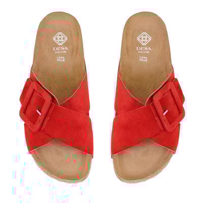 Kadın Kırmızı Ayarlanabilir Tokalı Süet Deri Terlik