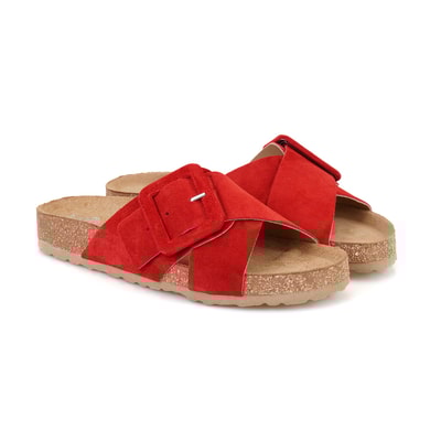 Kadın Kırmızı Ayarlanabilir Tokalı Süet Deri Terlik