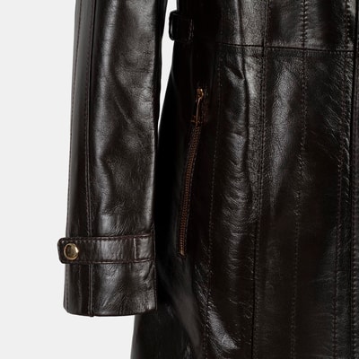 Kadın Koyu Kahve Hakim Yakalı Kapüşonlu Deri Kaban