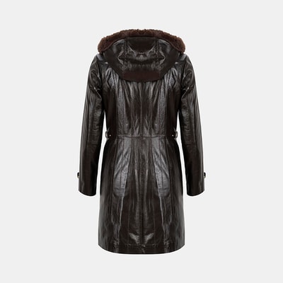 Kadın Koyu Kahve Hakim Yakalı Kapüşonlu Deri Kaban