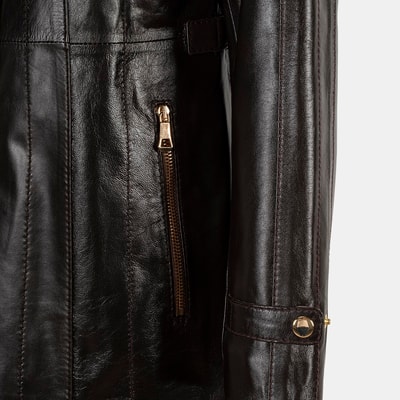 Kadın Koyu Kahve Hakim Yakalı Kapüşonlu Deri Kaban