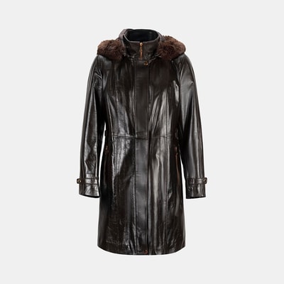 Kadın Koyu Kahve Hakim Yakalı Kapüşonlu Deri Kaban