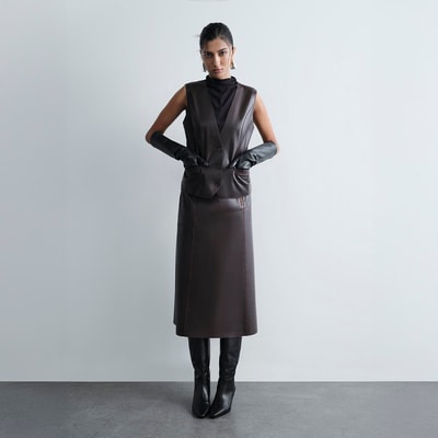 Kadın Koyu Kahve Midi Boy Deri Etek