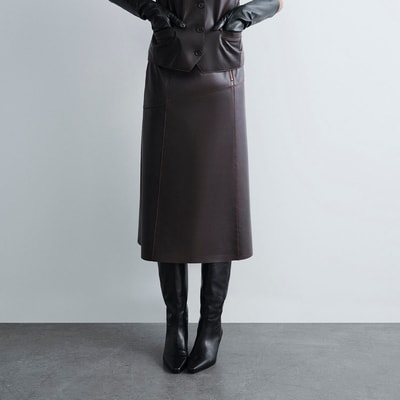 Kadın Koyu Kahve Midi Boy Deri Etek