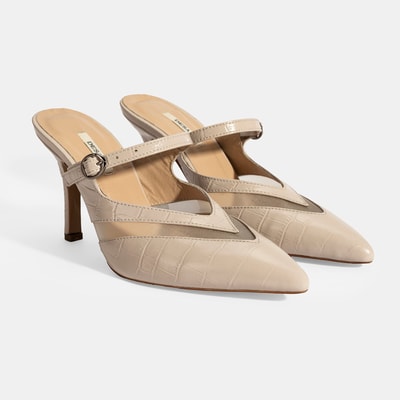 Kadın Krem Ayarlanabilir Tokalı Deri Abiye Topuklu Terlik