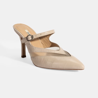 Kadın Krem Ayarlanabilir Tokalı Deri Abiye Topuklu Terlik