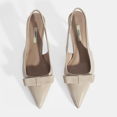 Kadın Krem Fiyonk Detaylı Rugan Topuklu Klasik Ayakkabı