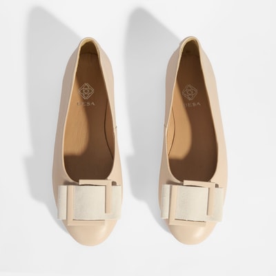 Kadın Krem Tokalı Deri Babet