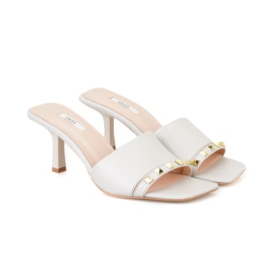 Kadın Krem Topuklu Deri Terlik