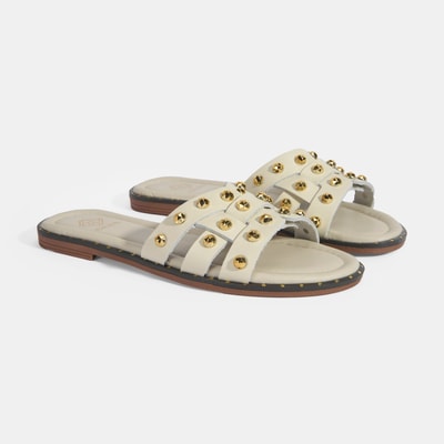 Kadın Krem Zımba Detaylı Deri Terlik