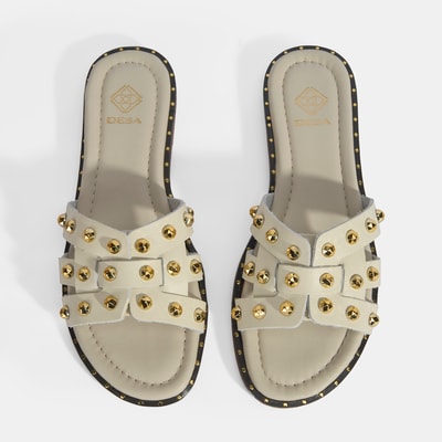 Kadın Krem Zımba Detaylı Deri Terlik