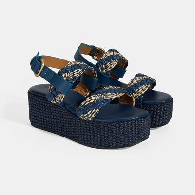 Kadın Lacivert Ayarlanabilir Tokalı Hasır Detaylı Sandalet