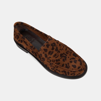 Kadın Leopar Desenli Yuvarlak Burun Süet Deri Loafer