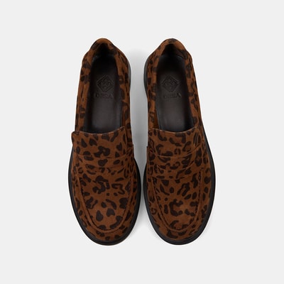 Kadın Leopar Desenli Yuvarlak Burun Süet Deri Loafer