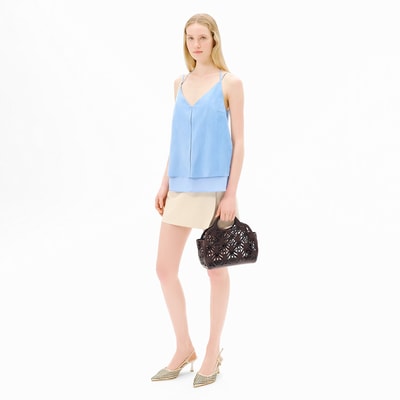 Kadın Mavi Askılı V Yaka Süet Bluz 