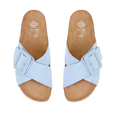 Kadın Mavi Ayarlanabilir Tokalı Süet Deri Terlik