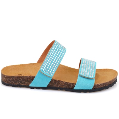 Kadın Mavi Cırt Cırtlı Süet Deri Terlik