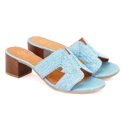 Kadın Mavi Hasır Örgülü Topuklu Terlik