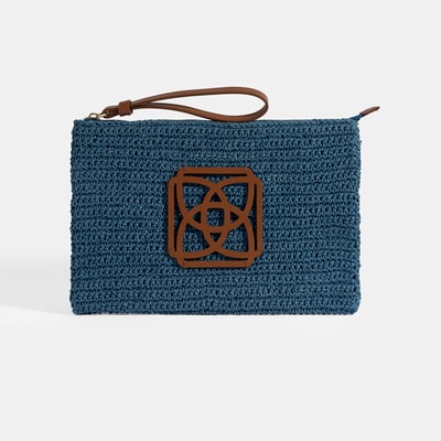 Kadın Mavi Monogram Logolu Hasır El Çantası