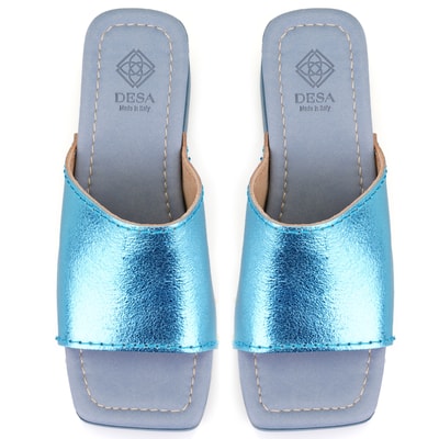 Kadın Mavi Topuklu Deri Terlik