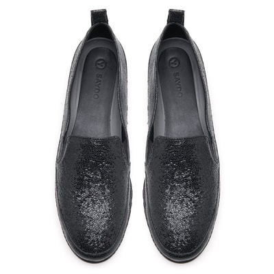 Kadın Metalik Siyah Deri Günlük Comfort Ayakkabı