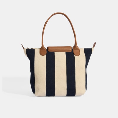 Kadın Monogram Logolu Lacivert Çizgili Kumaş Midi Omuz Çantası