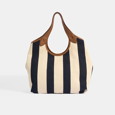 Kadın Monogram Logolu Lacivert Çizgili Kumaş Omuz Çantası