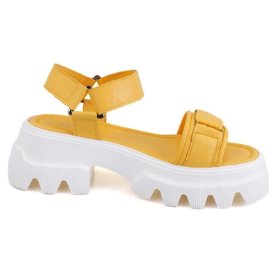 Kadın Sarı Cırt Cırtlı Dolgu Topuklu Sandalet