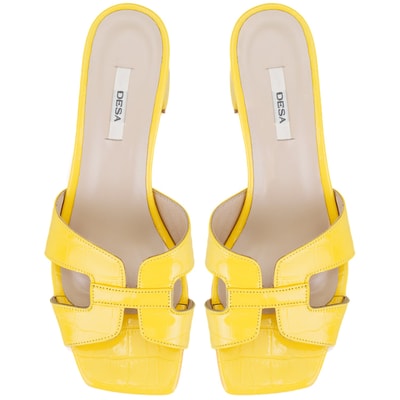 Kadın Sarı Kroko Baskılı Topuklu Deri Terlik